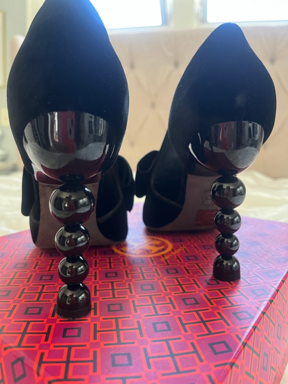 Tory Burch Black Velvet D'Orsay Pumps with Bow and Sculptural Bead Heel - Picture 3 of 9